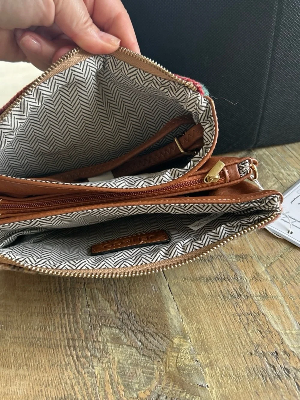 Plaid Wool Zip Clutch in Tan, Green & Blue by Jen & Co